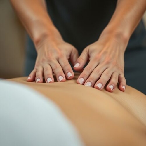 Karın masajı yapan ellerin yakın plan görüntüsü.