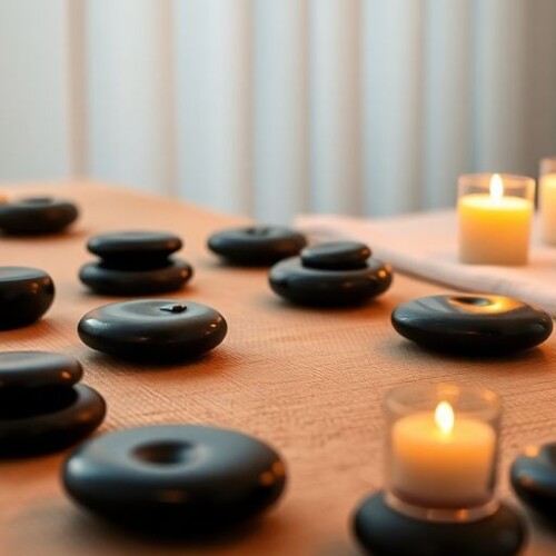 Sıcak taş masajı için hazırlanmış bir masa görüntüsü.