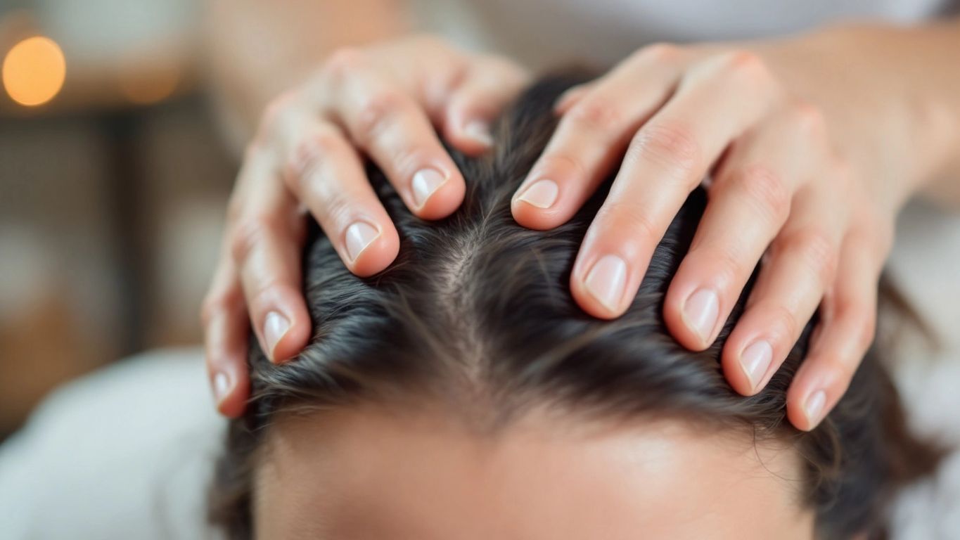 Saç derisi masajı yapan ellerin yakın çekimi.