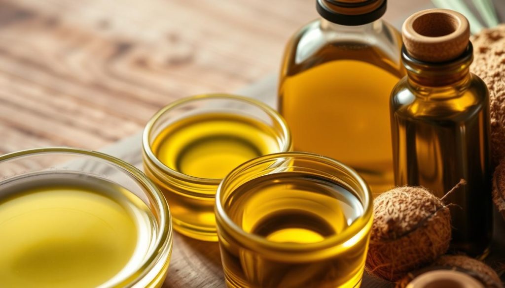 A close-up shot of an assortment of natural oils, including olive, coconut, and jojoba, glistening with a soft, warm lighting. The oils are arranged in glass bottles or small bowls, showcasing their rich, vibrant colors and textures. The background is a serene, earthy-toned surface, perhaps wood or stone, creating a calming, organic atmosphere. The lighting casts gentle shadows, emphasizing the natural beauty and therapeutic qualities of these pure, nourishing oils, ready to be used in a soothing, rejuvenating massage.
