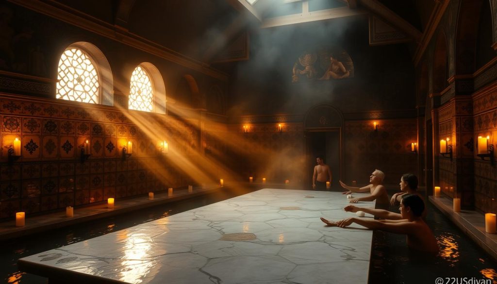 A dimly lit traditional Turkish bathhouse, the air thick with steam and the scent of aromatic oils. Ornate tile patterns line the walls, reflecting the flickering light of candles. In the center, a large heated marble slab, where bathers recline and attendants perform ancient cleansing rituals using soft scrubbing mitts and fragrant soaps. Shafts of golden sunlight pierce through the mist, illuminating the intricate architectural details. The atmosphere is one of tranquility and rejuvenation, a timeless oasis of relaxation and spiritual renewal.