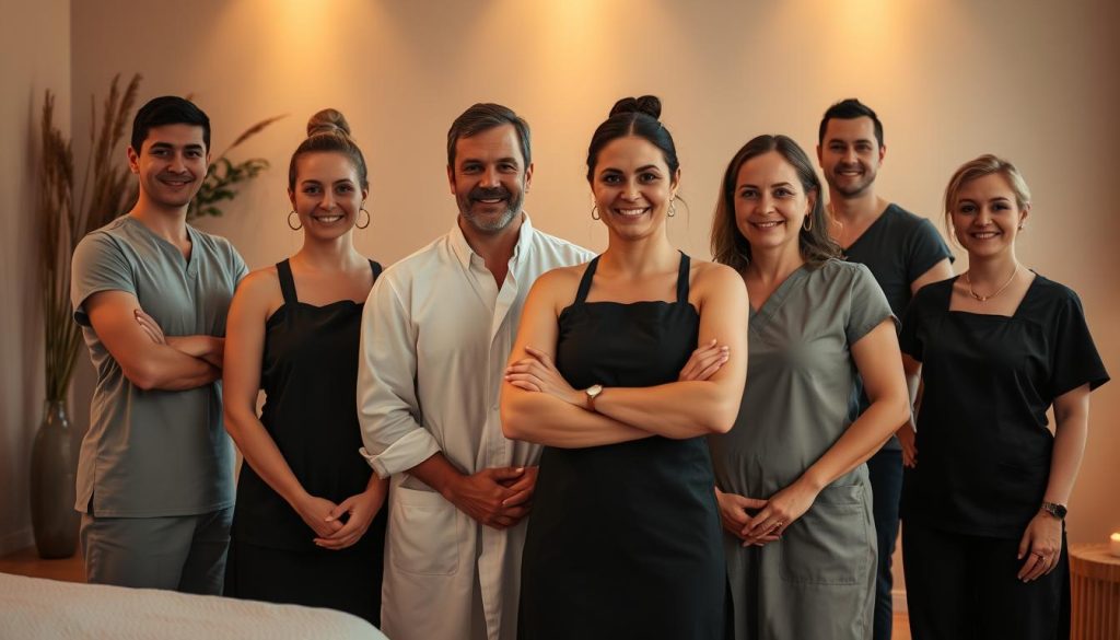 A group of skilled and experienced massage therapists stand ready to provide personalized, professional care. Illuminated by soft, warm lighting, the team is captured in a serene, spa-like setting. Each therapist has a focused, attentive expression, conveying their dedication to therapeutic techniques and client well-being. The scene evokes a sense of tranquility and relaxation, with muted tones and a natural, harmonious composition. The therapists' postures and gestures suggest expertise, empathy, and a commitment to delivering an exceptional massage experience.