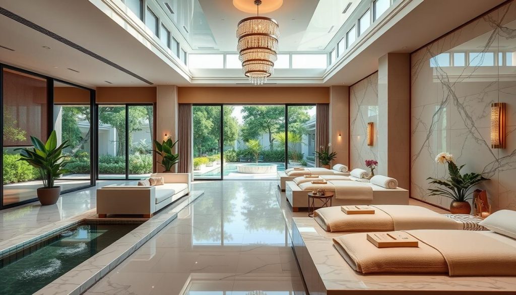 A luxurious spa experience captured in an elegant, serene setting. A sunlit, expansive lobby with plush, neutral-toned furnishings and floor-to-ceiling windows overlooking a lush, tranquil garden. Gleaming, marble-clad treatment rooms with modern, minimalist decor and soft, diffused lighting. Soothing water features and natural elements like potted plants create a calming, spa-like ambiance. The overall aesthetic is one of refined sophistication, designed to evoke a sense of relaxation and rejuvenation. High-quality services and amenities are showcased, inviting visitors to indulge in a luxurious spa day. A luxurious spa experience captured in an elegant, serene setting. A sunlit, expansive lobby with plush, neutral-toned furnishings and floor-to-ceiling windows overlooking a lush, tranquil garden. Gleaming, marble-clad treatment rooms with modern, minimalist decor and soft, diffused lighting. Soothing water features and natural elements like potted plants create a calming, spa-like ambiance. The overall aesthetic is one of refined sophistication, designed to evoke a sense of relaxation and rejuvenation. High-quality services and amenities are showcased, inviting visitors to indulge in a luxurious spa day.