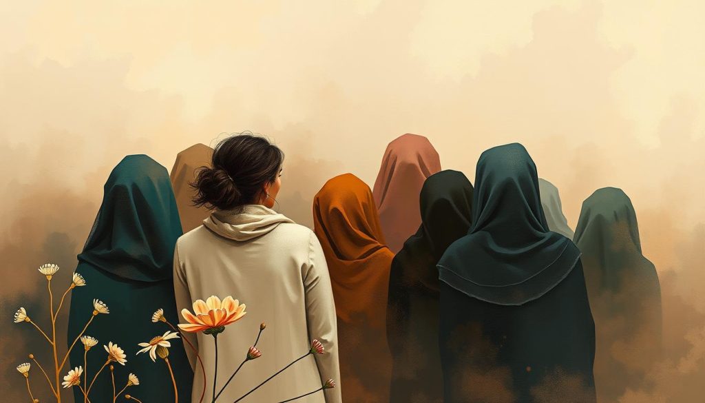 A serene and intimate gathering of diverse women's stories, captured in a visually striking oil painting-inspired digital artwork. The foreground features a delicate, hand-drawn floral motif, blending seamlessly with the middle ground, which showcases a warm, muted color palette and soft, hazy lighting. In the background, abstract shapes and textures evoke the rich tapestry of women's lived experiences, their narratives intertwining and unfolding like a captivating tale. The overall composition exudes a sense of contemplation, empowerment, and the quiet strength inherent in "Kadın Hikayeleri" - the real-life stories of women.