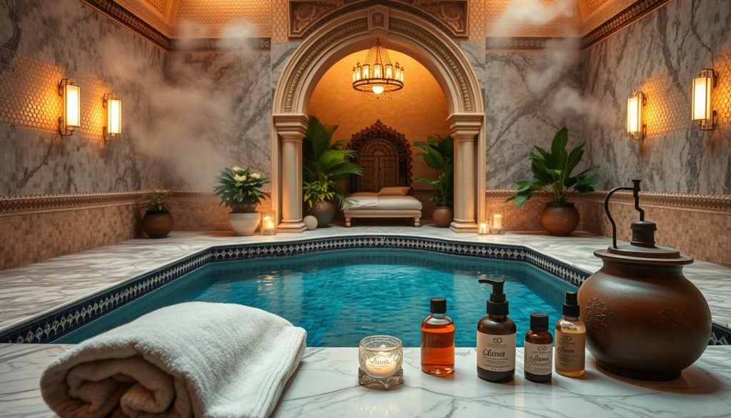 A serene and luxurious Turkish-style hammam scene, with steam-filled interiors and intricate, mosaic-tiled walls. Soft, ambient lighting casts a warm, soothing glow, reflecting off the gleaming marble surfaces. In the foreground, a plush, oversized towel and an array of natural, organic spa products, including essential oils, clays, and scrubs, sit invitingly. In the middle ground, a curved, ornate plunge pool filled with crystal-clear water, surrounded by lush, verdant foliage. The background features an ornate, arched entryway, leading to a tranquil relaxation area, where gentle music and the scent of incense create a serene, rejuvenating atmosphere.