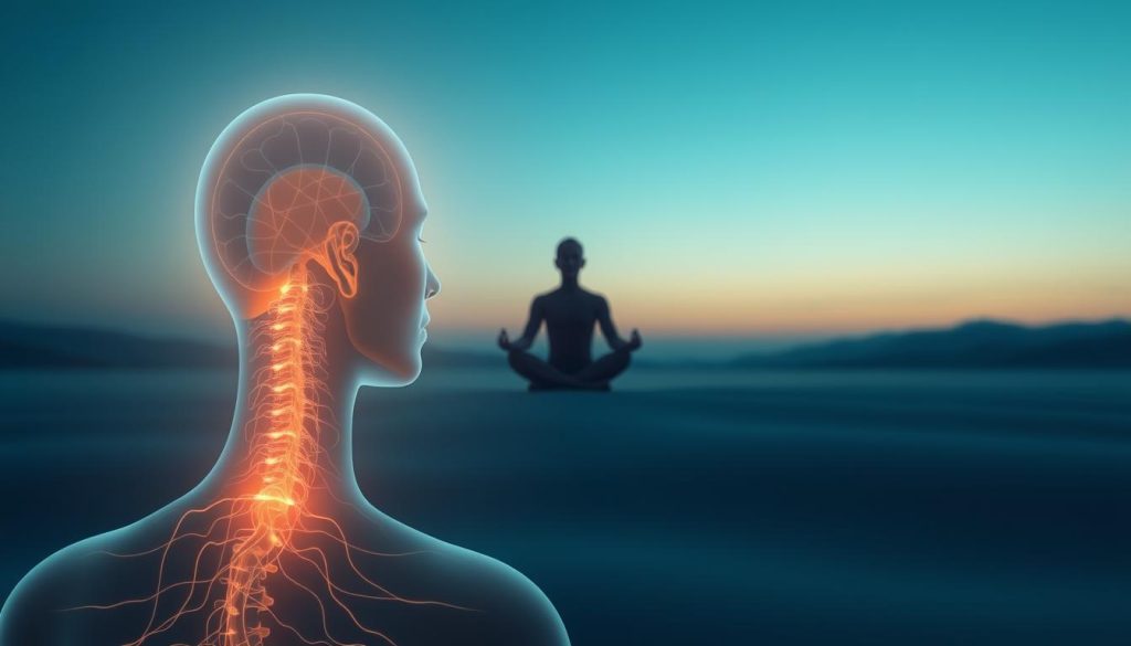 A serene, ethereal scene depicting the activation of the vagus nerve. In the foreground, a glowing, pulsing energy emanates from the base of the skull, radiating down the spine. Soft, diffuse lighting casts a tranquil glow, highlighting the intricate network of nerve pathways. In the middle ground, a meditative figure sits cross-legged, eyes closed, deeply immersed in a state of mindfulness. The background features a serene, minimalist landscape, with calming hues of blue and green, evoking a sense of inner peace and balance. The overall atmosphere is one of deep relaxation, introspection, and the harmonious connection between mind and body.