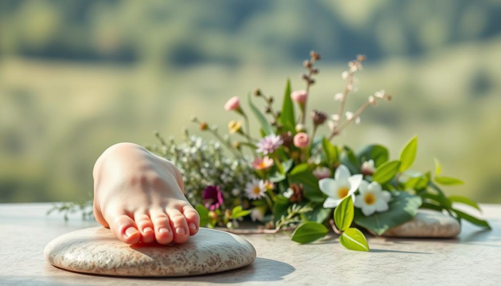 A serene, minimalist composition depicting the restorative benefits of reflexology. In the foreground, a delicate foot rests atop a smooth, polished stone surface, the toes and soles illuminated by soft, diffused natural light. The middle ground features an array of tranquil botanicals - fragrant herbs, calming flowers, and lush green leaves - arranged in a harmonious, meditative display. The background is a blurred, dreamlike landscape, hinting at a sense of peaceful retreat and rejuvenation. The overall tone is one of balance, wellness, and the therapeutic power of touch and natural elements.