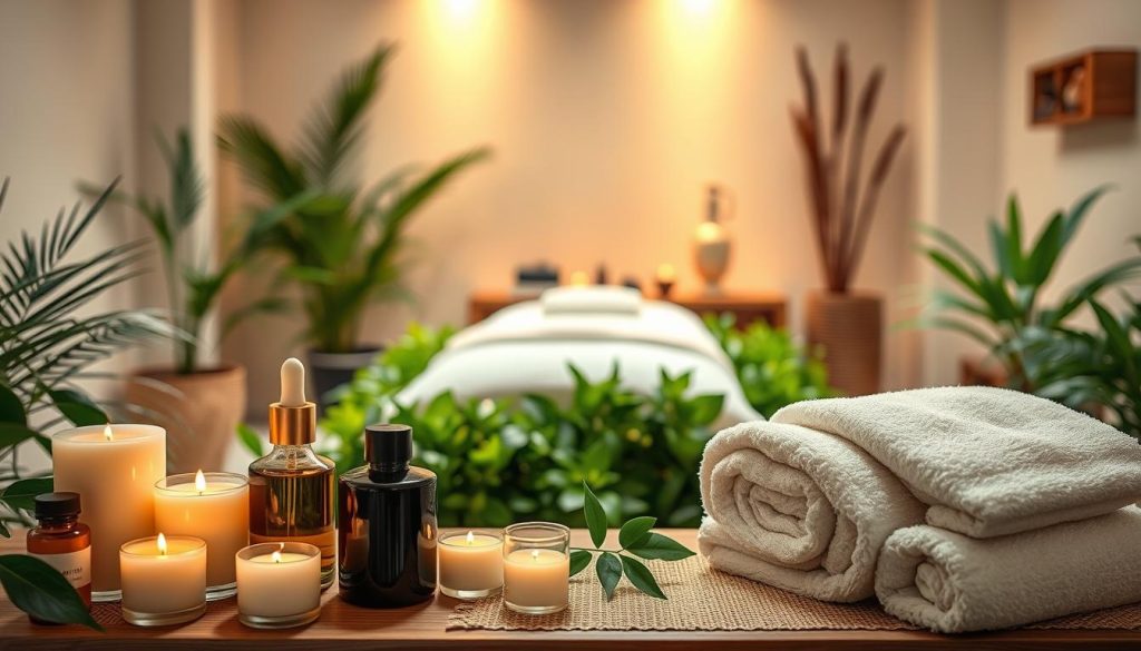 A serene spa setting featuring a range of massage services. In the foreground, an assortment of aromatherapy oils, candles, and plush towels set the stage for a relaxing experience. The middle ground showcases a cozy massage table surrounded by lush greenery, creating a tranquil atmosphere. Soft, warm lighting filters through the room, casting a soothing glow and highlighting the elegant, minimalist decor. The background features calming pastel walls and subtle natural accents, evoking a sense of harmony and rejuvenation. A high-quality, professional-grade image that captures the essence of premium massage services.