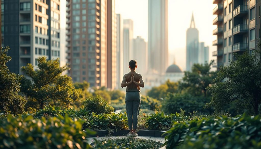 A serene urban oasis where the rhythm of the city meets the tranquility of the mind. A figure stands amidst a lush, verdant garden, surrounded by the towering skyscrapers of Istanbul. Soft, diffused lighting casts a warm glow, creating a sense of balance and harmony. The figure is in a state of deep contemplation, their posture embodying the integration of body and spirit. The background features a blurred, impressionistic cityscape, suggesting the coexistence of the bustling metropolis and the personal sanctuary. This image evokes the idea of finding respite and rejuvenation within the dynamic pulse of the urban landscape.