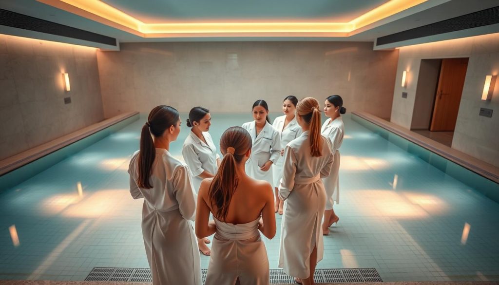 A sophisticated team of spa professionals gathered in a luxurious indoor pool setting, captured through the lens of a high-end camera. The scene exudes tranquility, with warm lighting casting a gentle glow over the pristine, tiled pool and surrounding minimalist decor. The team, dressed in crisp, white uniforms, moves with precision and expertise, creating an atmosphere of relaxation and rejuvenation. The camera angle emphasizes the team's collaborative nature, conveying the seamless service and attention to detail that guests can expect at this premier massage and wellness destination in Istanbul. A sophisticated team of spa professionals gathered in a luxurious indoor pool setting, captured through the lens of a high-end camera. The scene exudes tranquility, with warm lighting casting a gentle glow over the pristine, tiled pool and surrounding minimalist decor. The team, dressed in crisp, white uniforms, moves with precision and expertise, creating an atmosphere of relaxation and rejuvenation. The camera angle emphasizes the team's collaborative nature, conveying the seamless service and attention to detail that guests can expect at this premier massage and wellness destination in Istanbul.
