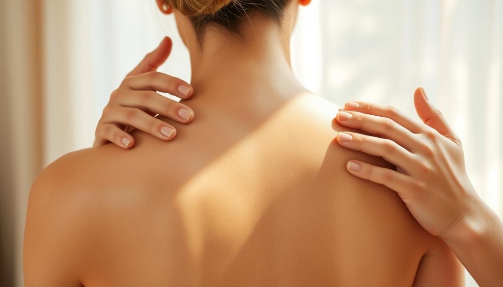 A tranquil scene of a woman's back, her skin luminous, as skilled hands gently glide across her shoulders, tracing the pathways of the lymphatic system. Soft, natural lighting filters through sheer curtains, casting a warm, soothing glow. The massage therapist's movements are deliberate and rhythmic, promoting the flow of lymph and reducing fluid buildup. The serene atmosphere invites relaxation and a sense of rejuvenation, capturing the essence of how lymphatic massage can revitalize the body and mind.
