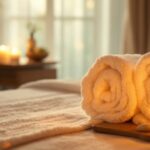 Sakin masaj ortamı, yumuşak ışıklar ve havlular.