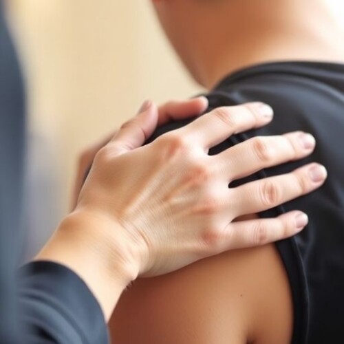 Fizik tedavi seansı esnasında omuz tedavisi.