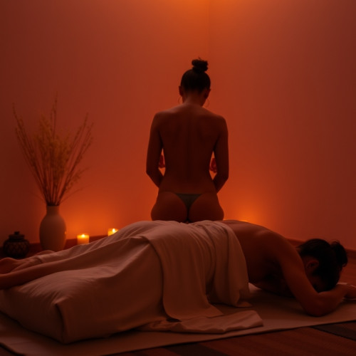 Intimate Tantra massage scene with soft lighting and connection.