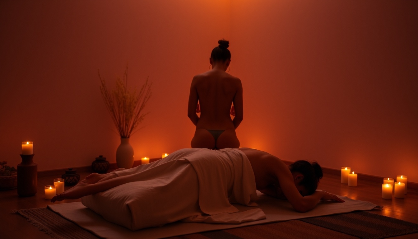 Intimate Tantra massage scene with soft lighting and connection.